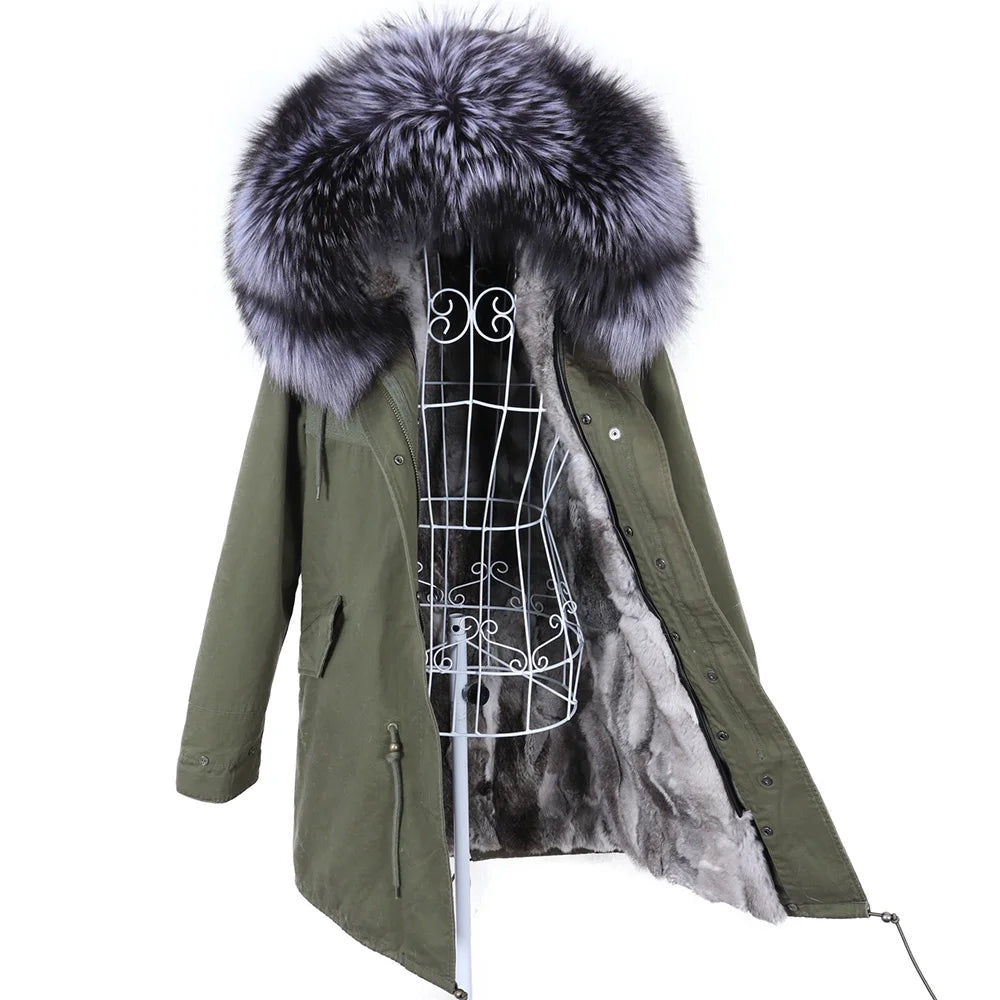 Maomaokong 2022 Giacca invernale da donna Parka lungo Impermeabile Grande pelliccia di volpe naturale vera Collo di pelliccia di procione Cappuccio Fodera in caldo coniglio