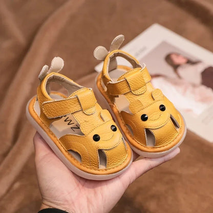 Sandali in vera pelle per neonati e bambini, scarpe estive da spiaggia con personaggi dei cartoni animati, scarpe casual per neonati con suola morbida e antiscivolo.