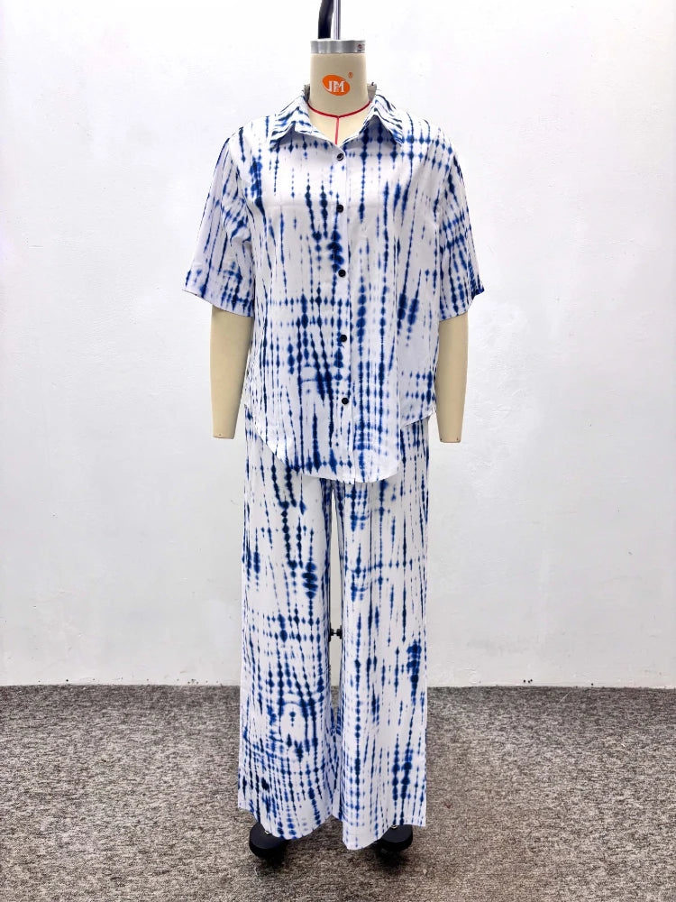 Set da due pezzi da donna, pantaloni, colletto rovesciato, camicia a maniche corte, gamba larga, pantaloni lunghi, elastico in vita, stile streetwear Y2k, casual, larghi