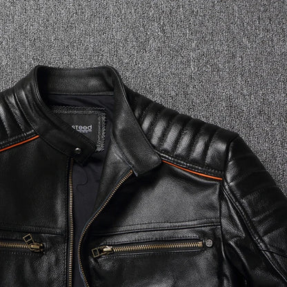 Giacca da motociclista slim oversize da uomo in pelle bovina con ricamo a teschio, modello 2023, primo strato.