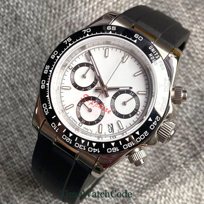 Orologio cronometro Tandorio da uomo, 39 mm, movimento al quarzo VK63, quadrante grigio, vetro zaffiro, cronografo completo, bracciale in acciaio inossidabile 316L, cinturino in gomma.