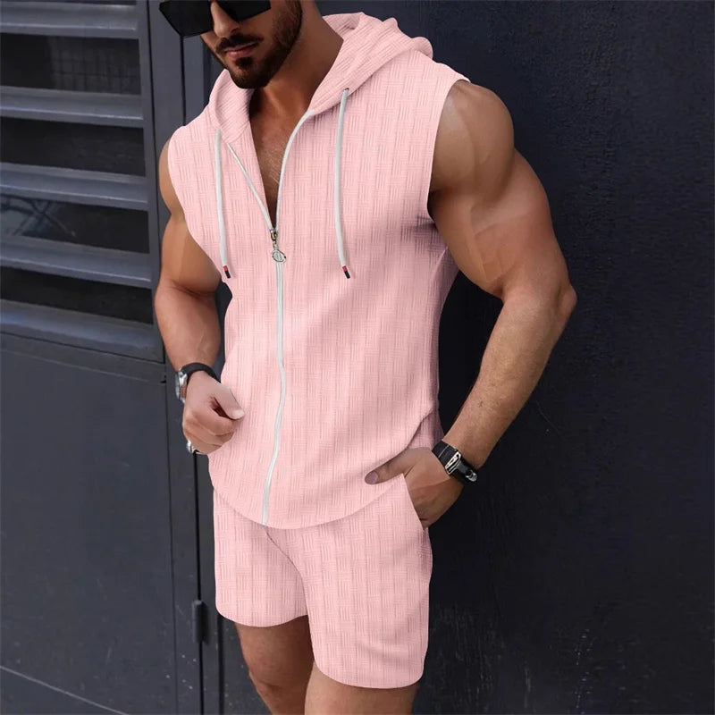 5 colori disponibili per completo da uomo con cappuccio, senza maniche, cerniera, a quadri, slim, alla moda, casual, sportivo, gilet, pantaloncini, set due pezzi, top trendy