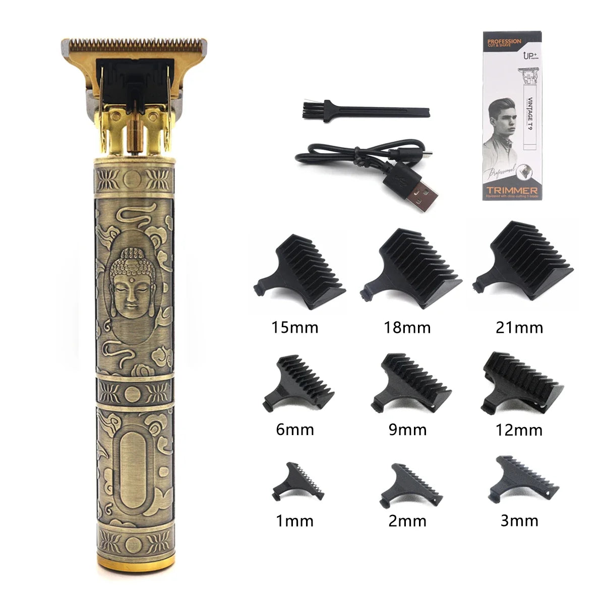 Professional T9 Hair Trimmer Stainless Steel Blade Metal Body with 9 Optional Limit Combs Cordless for Hair Beard Trimming