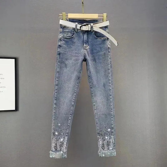 Primavera Estate Nuovi 2025 Jeans slim coreani da donna con paillettes, pantaloni in denim con trafori, pantaloni da cowboy a matita da donna