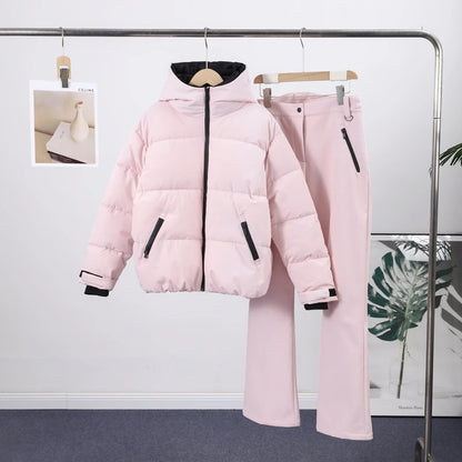 Thicken Warm Women's Skiwear Pink High Collar Hooded Cotton Padded Coats Straight Leg Zipper Pants 2025 New Winter Lady Ski Suit