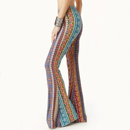 Pantaloni da donna aderenti a zampa d'elefante con stampa retrò a rose, fondo a campana grande, stile boho, stampa primavera estate, Pantalones De Mujer