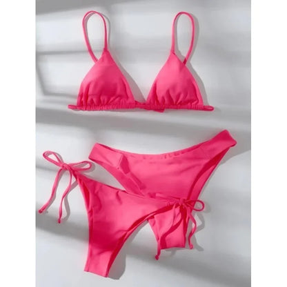 Sexy set bikini a 3 pezzi da donna, tinta unita blu e viola, push-up, a triangolo, costume da bagno brasiliano da spiaggia, costume da bagno bikini
