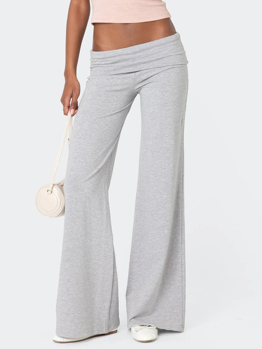 Women's Casual Baggy Pants Solid Wide Leg Sweatpants for Women Fold Over Low Rise Flare Yoga Lounge Pants