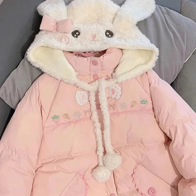 Pink Kawaii Lolita Style Women Parka Japanese Cute Embroidery Bunny Ears Hooded Jacket Loose Plush Velvet Lined Down Padded Coat