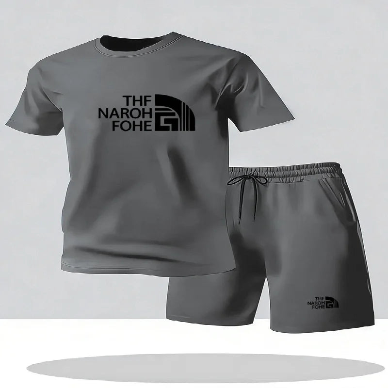 Completo estivo casual alla moda composto da t-shirt a maniche corte e pantaloncini, girocollo da uomo, completo sportivo traspirante a due pezzi a maniche corte