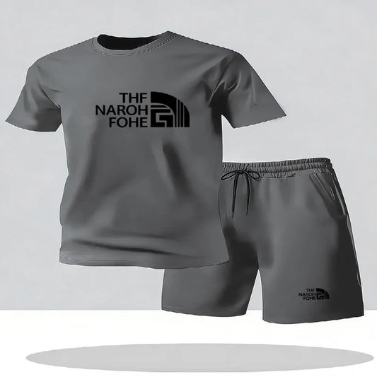 Completo estivo casual alla moda composto da t-shirt a maniche corte e pantaloncini, girocollo da uomo, completo sportivo traspirante a due pezzi a maniche corte