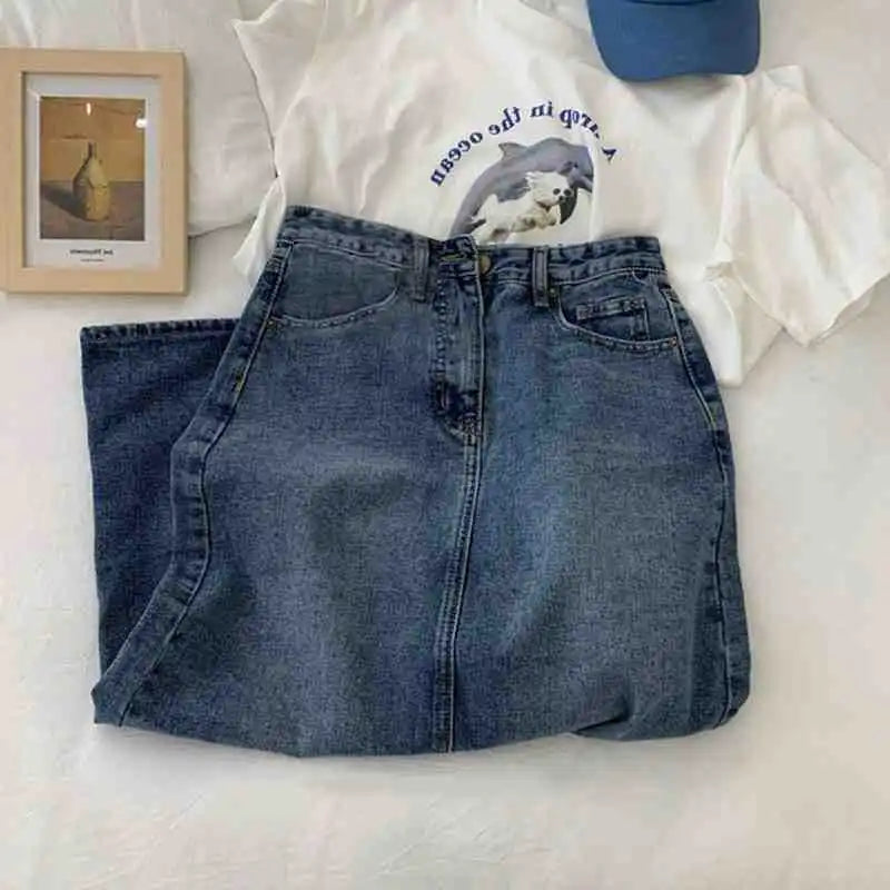 Retro High Waist Midi A- Line Mini Skirt Women's Denim Skirt Spring Fresh Sweet School Style No Stretch Crossbody Skirt
