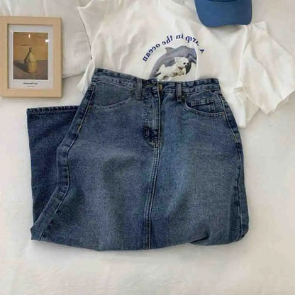 Retro High Waist Midi A- Line Mini Skirt Women's Denim Skirt Spring Fresh Sweet School Style No Stretch Crossbody Skirt