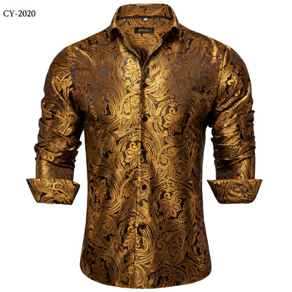 Camicie da uomo a maniche lunghe in seta e poliestere, camicie eleganti di lusso, camicie da smoking con colletto rovesciato e motivo paisley, abbigliamento da uomo