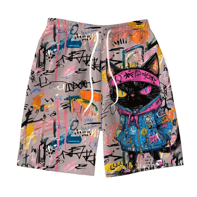Pantaloncini da uomo con stampa 3D di gatto graffiti colorato, simpatici pantaloncini da spiaggia con motivo animale, estivi, casual, traspiranti, ideali per la città.