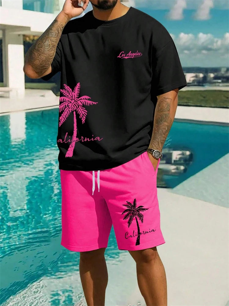 Completo da uomo estivo alla moda con stampa hawaiana di cocco 2024, composto da t-shirt, pantaloncini e tuta sportiva traspirante a due pezzi con stampa 3D a maniche corte.