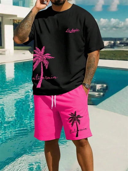 Completo da uomo estivo alla moda con stampa hawaiana di cocco 2024, composto da t-shirt, pantaloncini e tuta sportiva traspirante a due pezzi con stampa 3D a maniche corte.