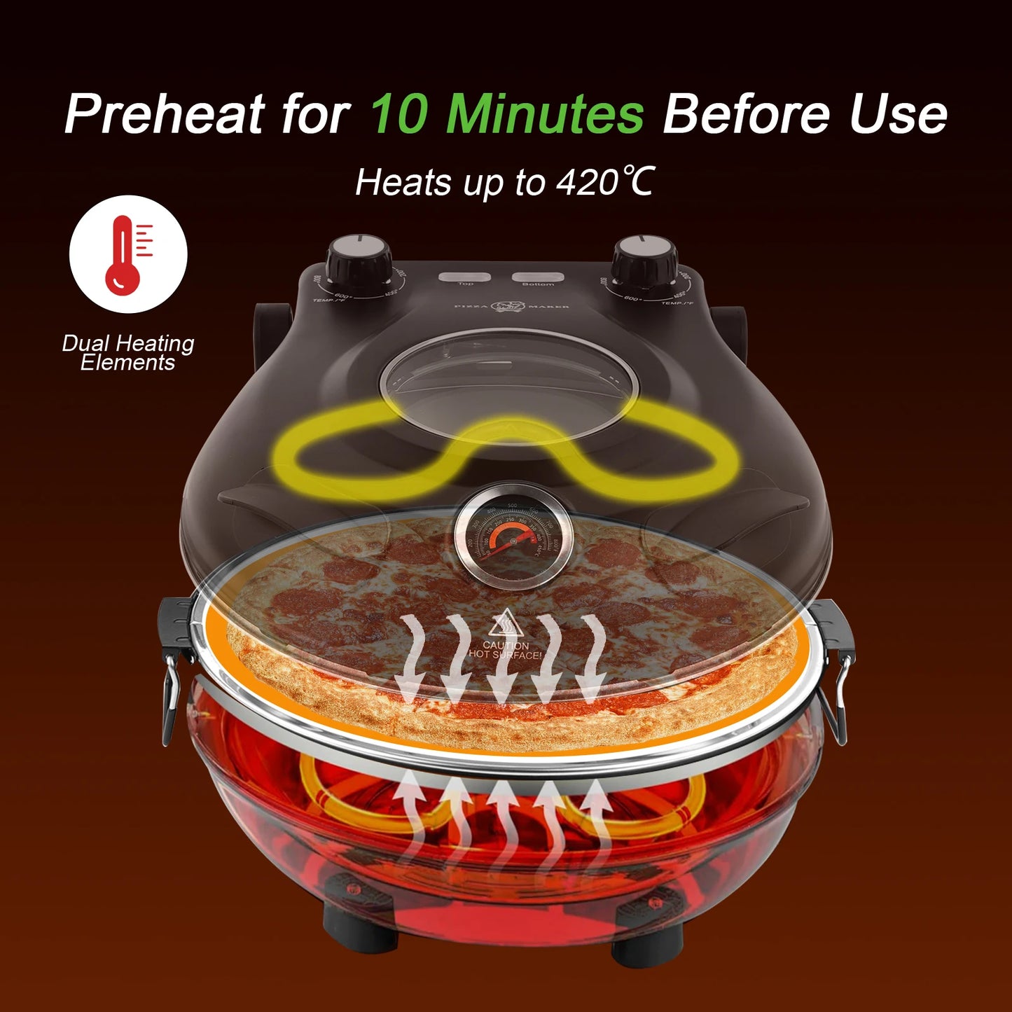 Forno elettrico per pizza YIBAKE da 12 pollici, antiaderente, con pietra in ceramica, riscaldabile fino a 420℃ per pizze deliziose.