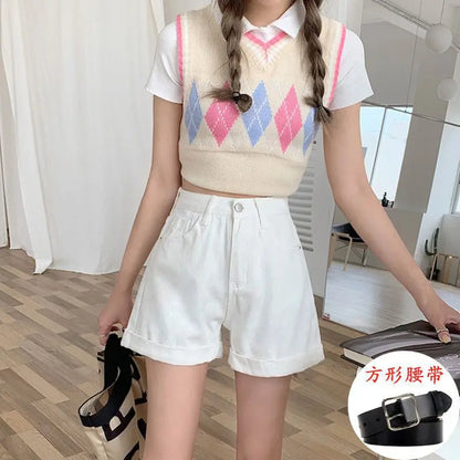 Light Blue High Waist Wide Leg A- Line Shorts Women's Denim Cuffed Hot Pants Design Sensation Casual Korean Style Cotton Shorts