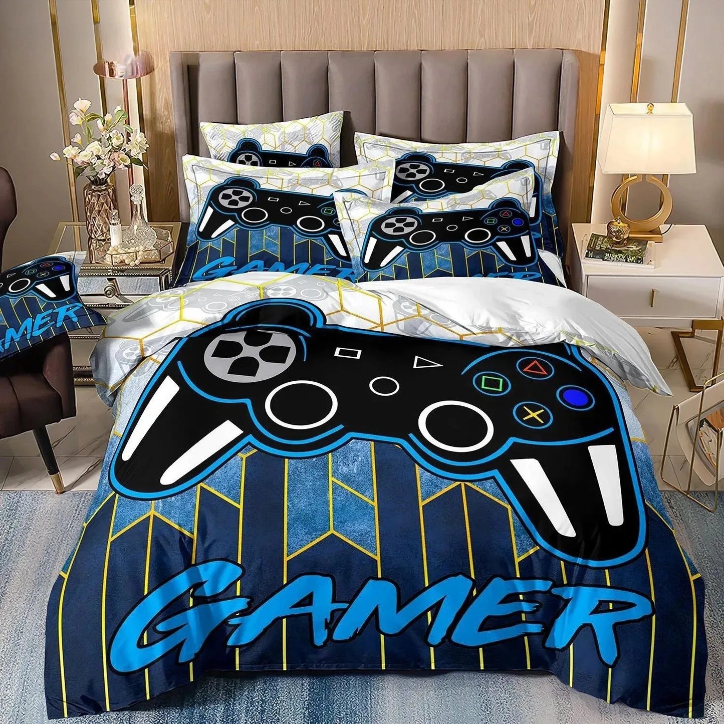 Set di biancheria da letto per gamer per ragazzi, set copripiumino per videogiochi, copripiumino matrimoniale, set letto con design PlayStation per ragazzi e ragazze.