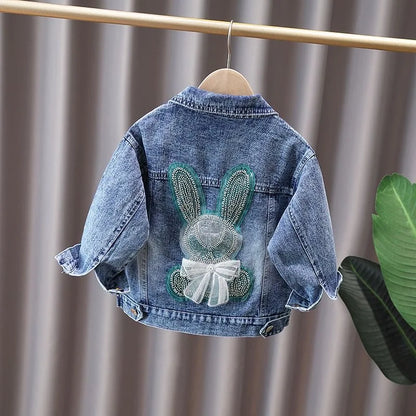 Giacca di jeans per bambine dai 2 ai 12 anni, nuova moda, cappotti in jeans per bambine, grazioso design con coniglietto e fiocco in pizzo, abbigliamento esterno per bambini