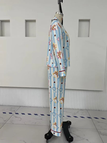 Set da notte da donna Hirigin in 2 pezzi con motivo stampato, manica lunga, pantaloni larghi e camicia da notte per l'autunno e l'inverno