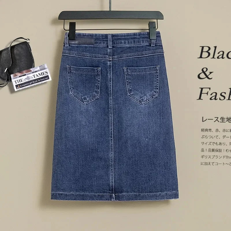 Oversized 5XL Denim Skirt Women's Spring/summer Mid length 2024 New High waisted Elastic Korean A-line Split Casual hip Skirts
