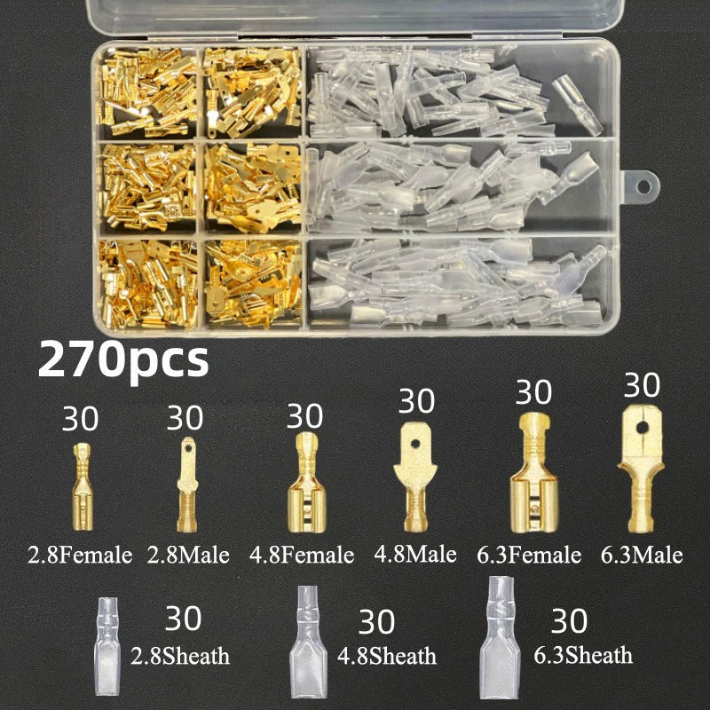 Insulated Male Female Wire Connector Tabs Set 2.8/4.8/6.3mm Electrical Crimp Terminals Brass Spade Terminal Connectors Kit