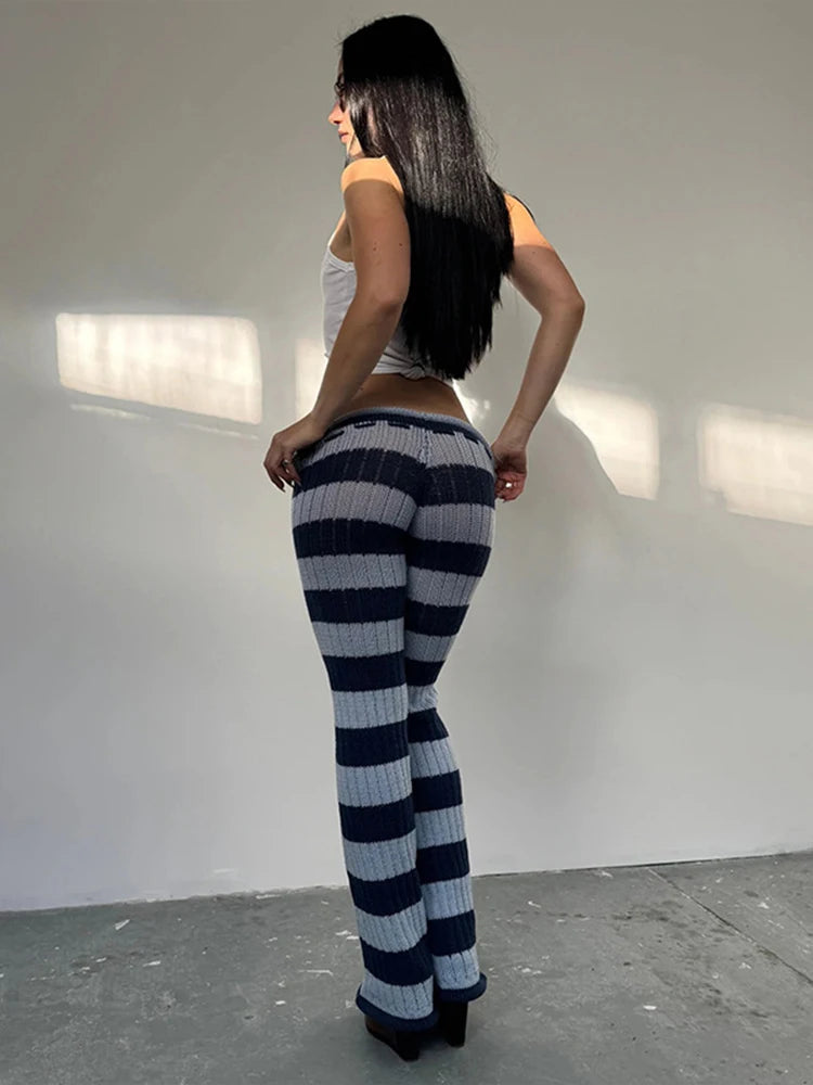 Nibber Autumn Trend Long Pants Woman Stripe Patchwork Crochet Shirring Elastic High Waist Skinny Peach Hip Street Style Bottoms