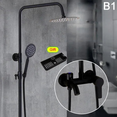 Bathroom Antique Black Painting Brass Lifting Column Wall Mount Shower Set 8" 3-Functions Hot Cold Rainfall Shower Mixer Tap