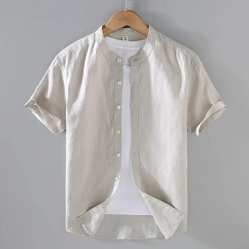 Camicia da uomo in cotone e lino a maniche corte, estiva, stile streetwear, tinta unita, collo alto, casual, stile spiaggia, taglie forti dalla M alla 3XL
