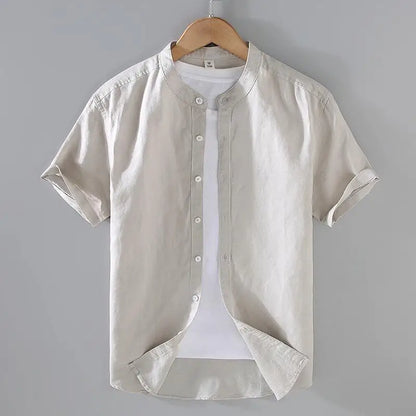Camicia da uomo in cotone e lino a maniche corte, estiva, stile streetwear, tinta unita, collo alto, casual, stile spiaggia, taglie forti dalla M alla 3XL