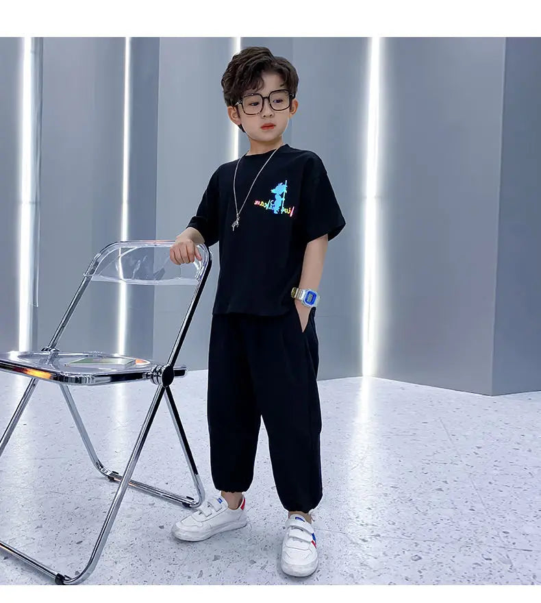 Completo estivo per ragazzi composto da maglietta a maniche corte e pantaloni, 2 pezzi, abbigliamento sportivo casual per adolescenti, taglie 3 5 8 10 12 13 15Y