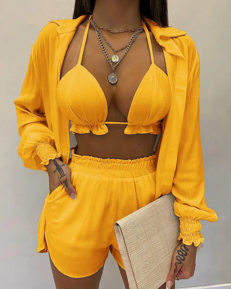 Three Pieces Swimwear Sexy Beachwear 2024 New Bathing Suit Shorts Cover Up Summer High Waist Bikini Set Print Women's Swimsuit