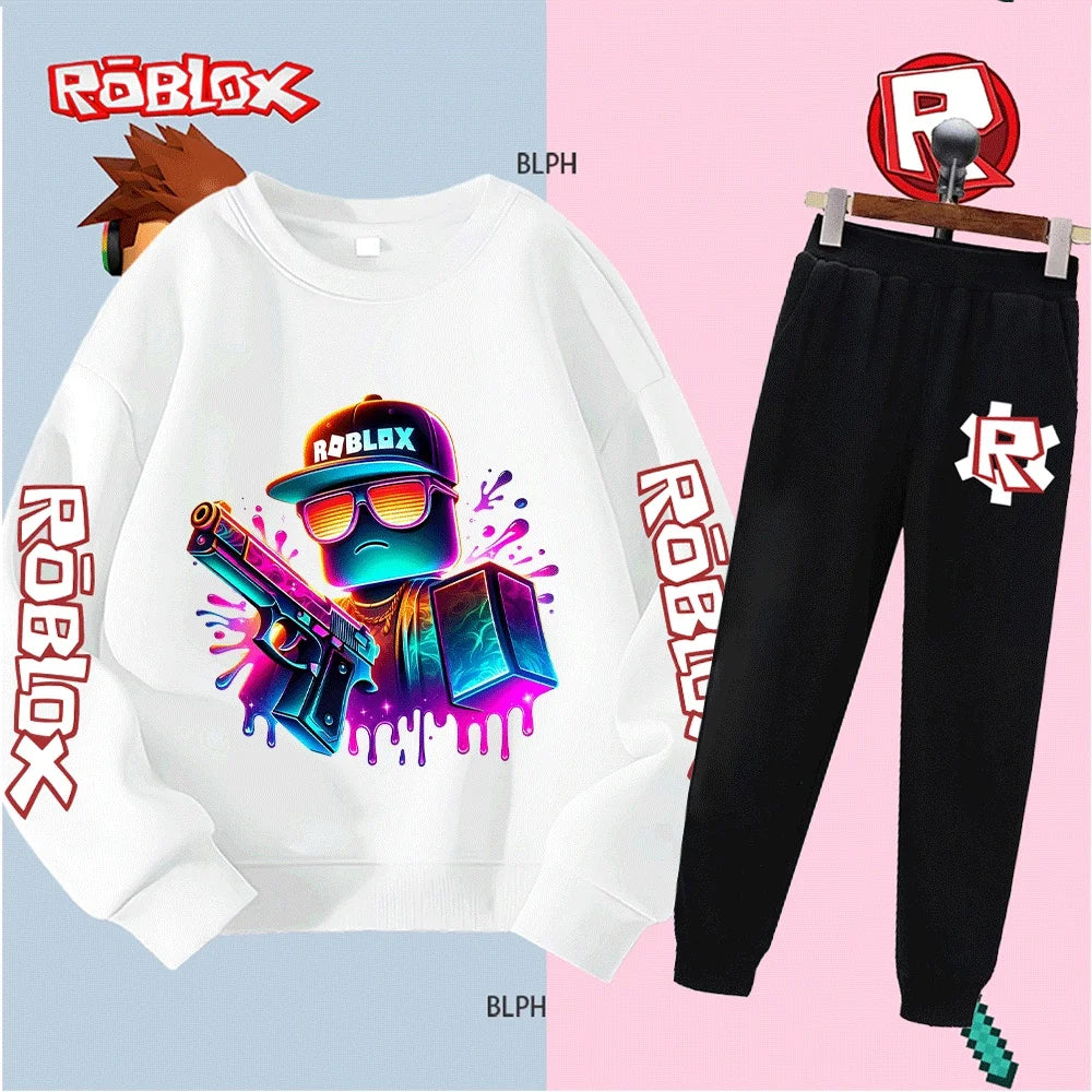 Set felpa con cappuccio Roblox per bambini e bambine, felpa alla moda a maniche lunghe con pantaloni e stampa di personaggi dei cartoni animati, casual