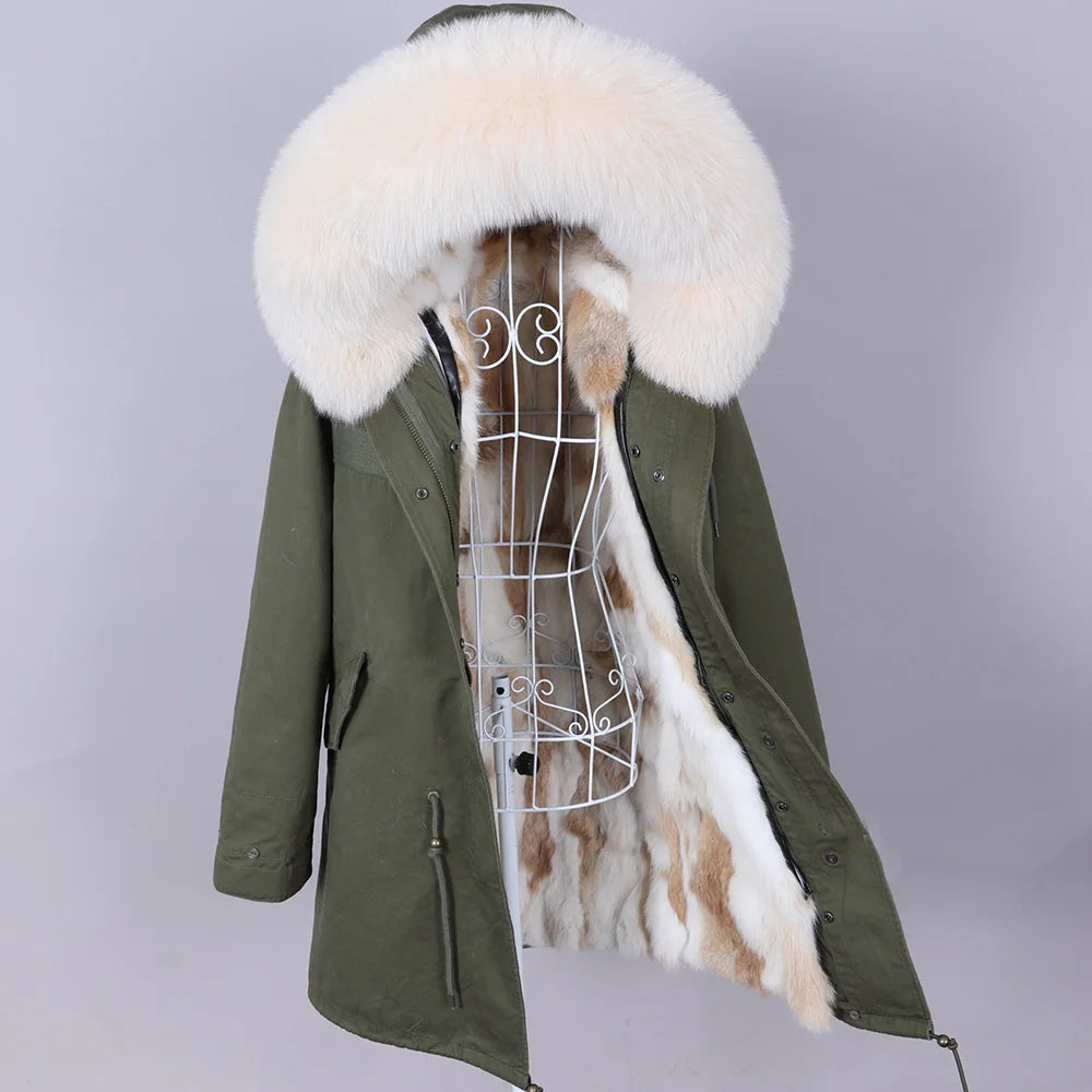 Maomaokong 2022 Giacca invernale da donna Parka lungo Impermeabile Grande pelliccia di volpe naturale vera Collo di pelliccia di procione Cappuccio Fodera in caldo coniglio
