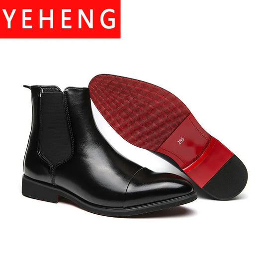 Stivali Chelsea da uomo con suola rossa, scarpe eleganti nere da uomo con punta a punta, stivali corti da uomo alla moda in Inghilterra.