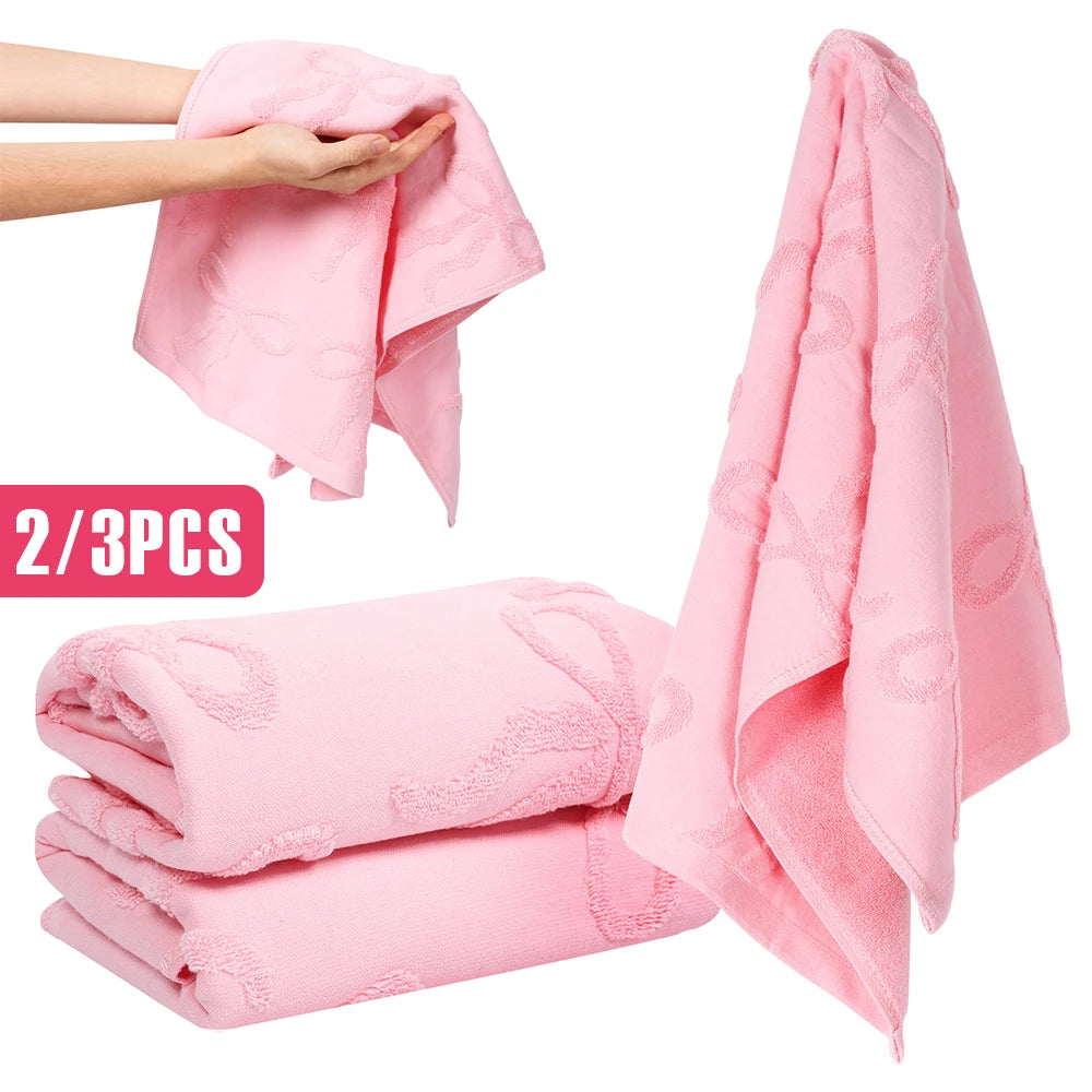 2/3Pcs Bath Towel Cotton 3D Bow Pattern Face Towel Strong Absorbency Embossing Bow Hand  Towel for Kitchen Bathroom Guest Room
