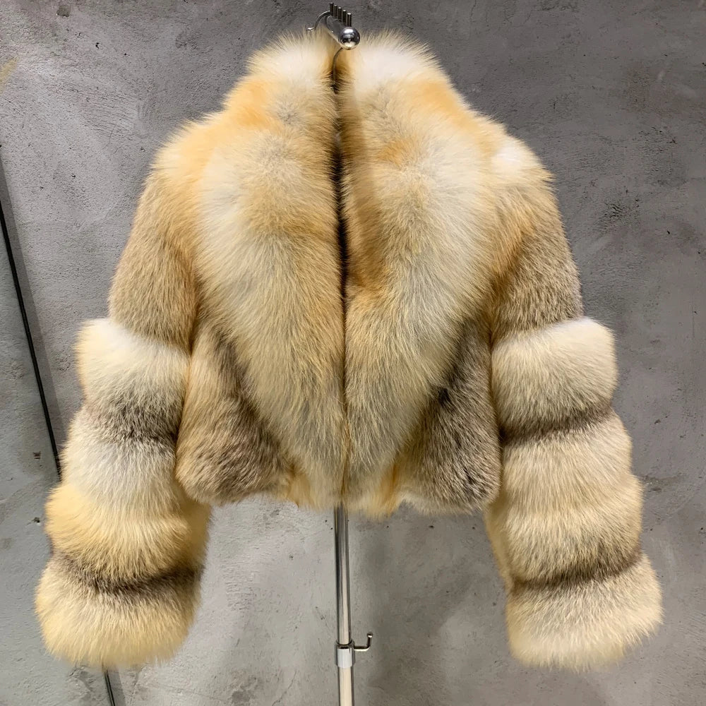 # Giacca in pelliccia di volpe dorata da donna, cappotto corto in vera pelliccia di volpe, manica lunga, in tessuto di pelliccia naturale con colletto