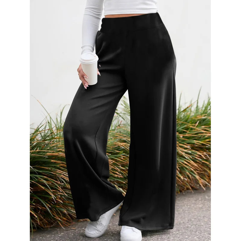  Pantaloni da donna casual eleganti a gamba larga, colore nero tinta unita, snellenti e traspiranti, ideali per l'ufficio e per tutti i giorni, modello 2025.