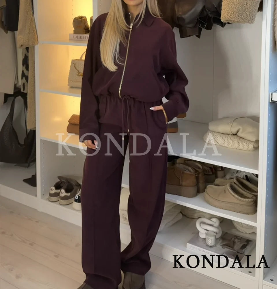 KONDALA Set di pantaloni casual alla moda da donna, eleganti, stile High Street, con risvolto largo, giacca con cerniera, pantaloni con coulisse, set per le vacanze primaverili 2026