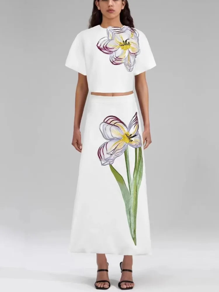 LGRQ 2025 New Summer Tound Neck Short Sleeves High Waist Printed Tshirt And A-line Long Skirt 2pcs