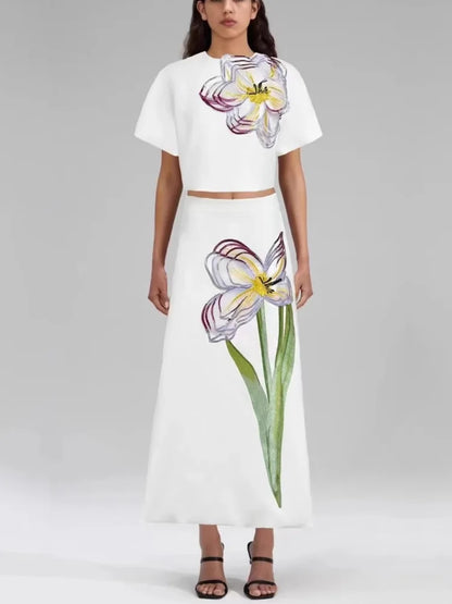 LGRQ 2025 New Summer Tound Neck Short Sleeves High Waist Printed Tshirt And A-line Long Skirt 2pcs