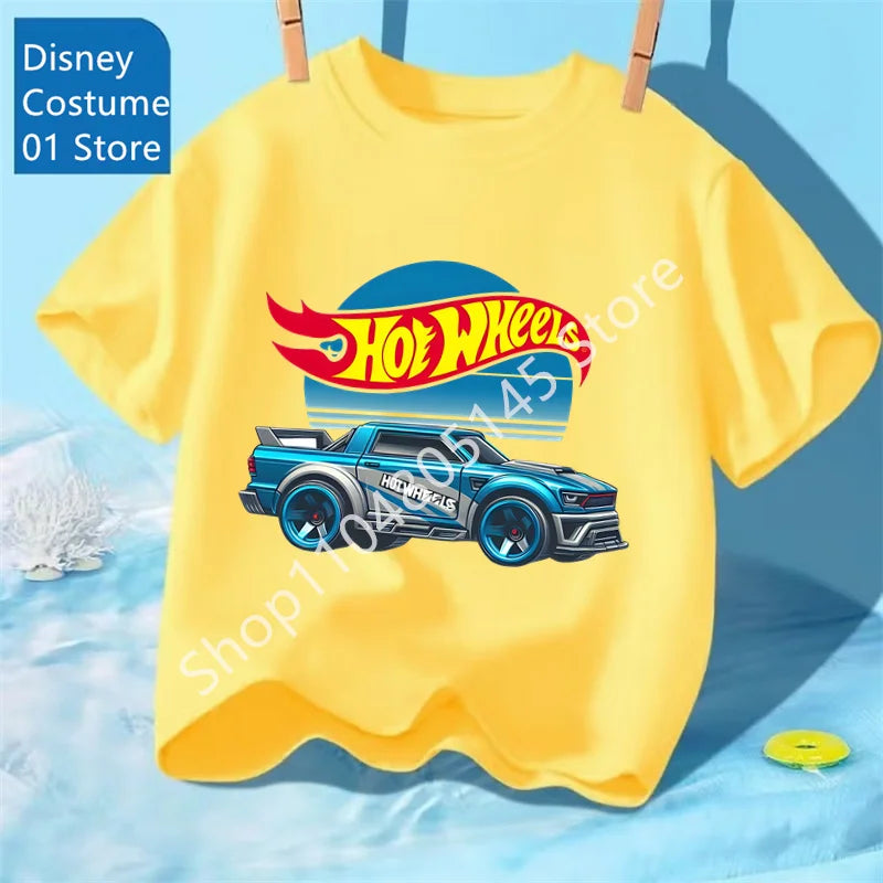 Maglietta per ragazzi, abbigliamento per bambini, magliette con stampa di auto Hot Wheels Race, top grafici, maglietta gialla per bambini, taglie da 8 a 12 anni.