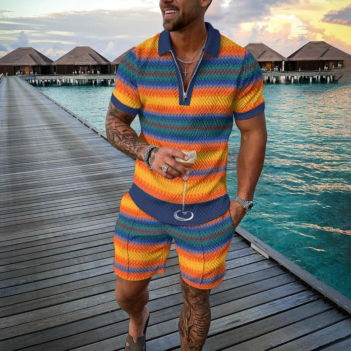 Completo estivo da uomo con stampa 3D, composto da polo con cerniera e pantaloncini, 2 pezzi, stile boho geometrico, abbigliamento per le vacanze.