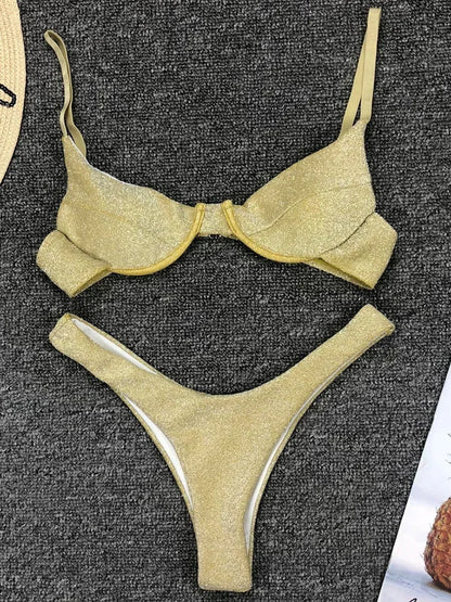 Glitter Shiny Underwired V-Bar Bikini Women Swimsuit Female Brazilian Swimwear Two-piece Bikini Set Triangle Bathing Suit Swim