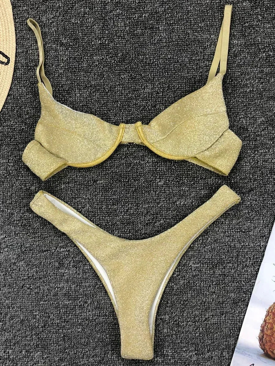 Bikini a V con ferretto e glitter scintillanti da donna, costume da bagno brasiliano a due pezzi, costume da bagno a triangolo.