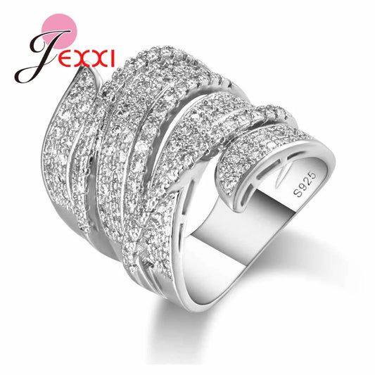 Anello da donna in argento sterling 925 con forma geometrica, ideale per fidanzamento, feste, matrimonio e nozze, con zirconi cubici.