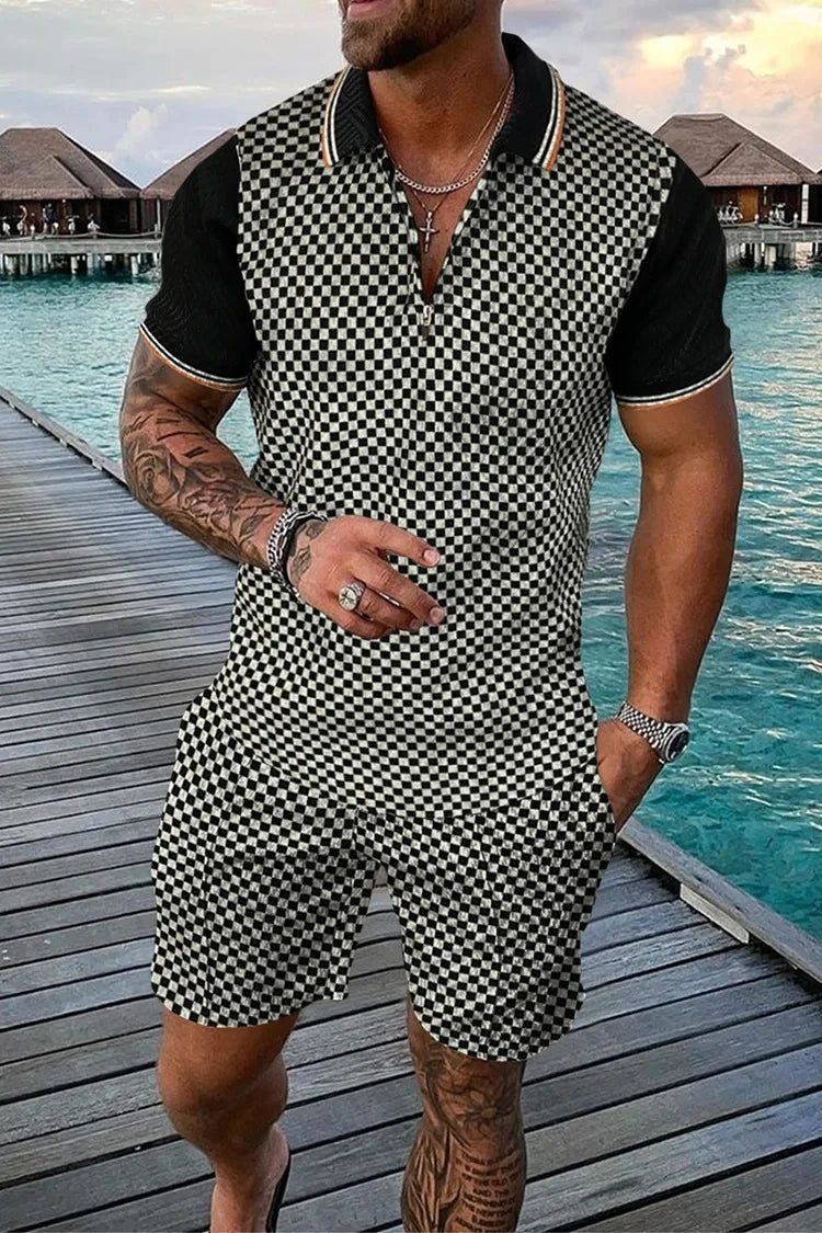 Completo estivo vintage casual a righe con stampa 3D, composto da polo, polo con cerniera e colletto, pantaloncini con cerniera, stile vacanze hawaiane da uomo.