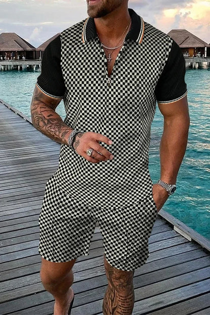 Completo estivo vintage casual a righe con stampa 3D, composto da polo, polo con cerniera e colletto, pantaloncini con cerniera, stile vacanze hawaiane da uomo.